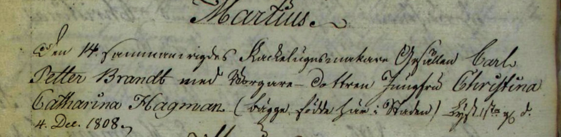 Udsnit af kirkebog, Vielse af Carl Petter Brandt